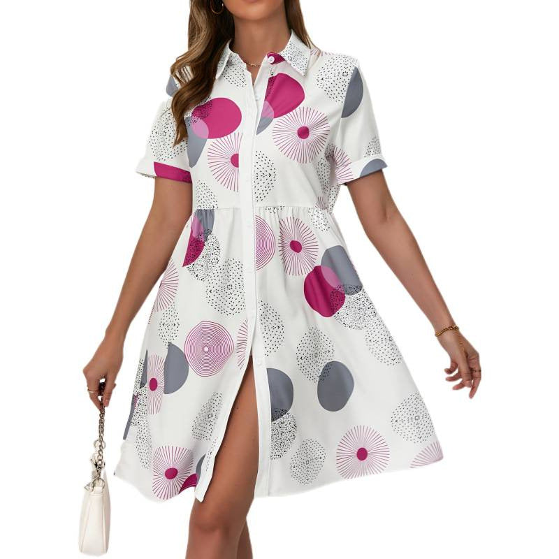 Shipped: cross-border, hot-selling european and american style printed shirt dress. fashionable, loose-fitting, mid-length short-sleeved dress