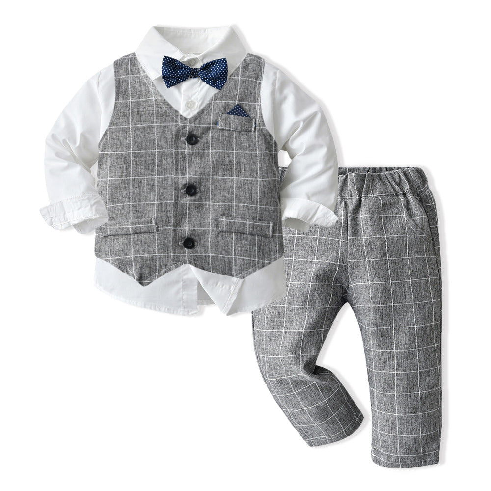 Boys' spring/autumn plaid three-piece set: trendy outfit for baby boys, flower boy style, first birthday celebration, and british-inspired formal wear