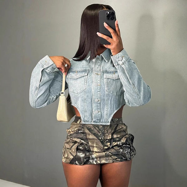 European and American fashion women's clothing, personalized design irregular side hollow short denim jacket