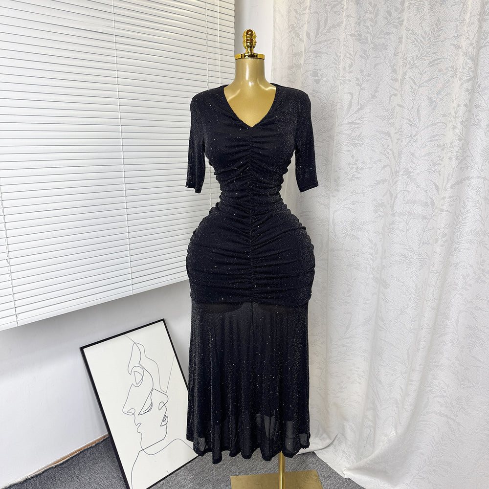 Export frenchelegance stretch mesh pleated v neck silmdress women's summer high waistslimming lookelegant long skirt