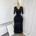 Export frenchelegance stretch mesh pleated v neck silmdress women's summer high waistslimming lookelegant long skirt