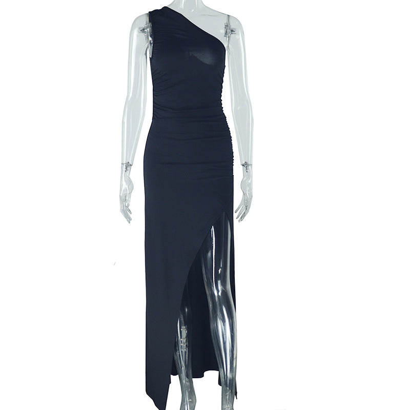European and american style ins foreign trade women's fashion solid color dress - asymmetrical neck, one-shoulder sleeveless slit maxi dress