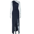 European and american style ins foreign trade women's fashion solid color dress - asymmetrical neck, one-shoulder sleeveless slit maxi dress