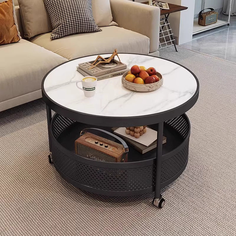Accessible luxury style round small apartment movable coffee table living room for home slate small round table double-layer storage trolley