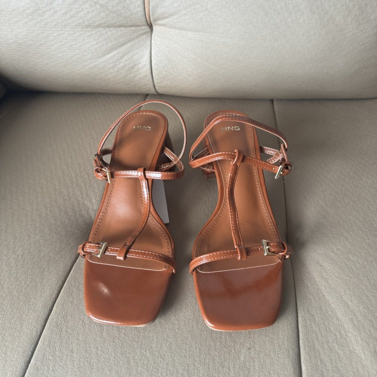Spanish one-strap buckle 2025 spring new arrival black fashion european and american casual high heel open toe sandals women's shoes square toe