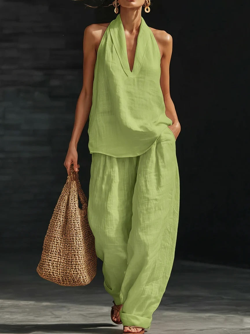 spring/summer hot seller: french chic halter v-neck open-back top & cool, comfortable, slimming wide-leg pant set