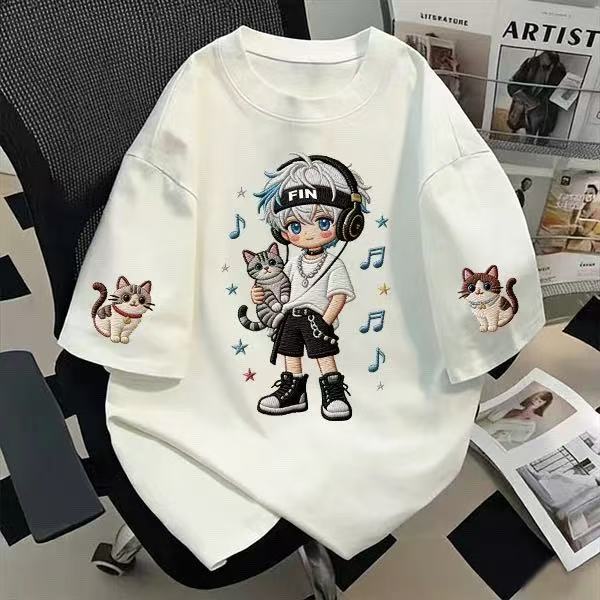 Pure cotton american style cute boy white gray short-sleeved t-shirt women's summersense of designniche style half-sleeved trendy brand topstrendy