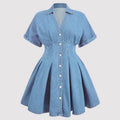summereleganceelegantretrowork clothingfashiontrendy denim skirt waist v neck short sleeve women's dress