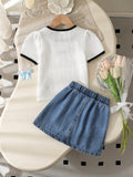 new summer cross-border textured bow embroidered top & heavy-duty washed denim skirt two-piece set