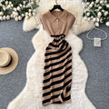 Korean chic niche retro fashion color block diagonal stripe dress - women's slim fit bodycon knit mini dress with slit