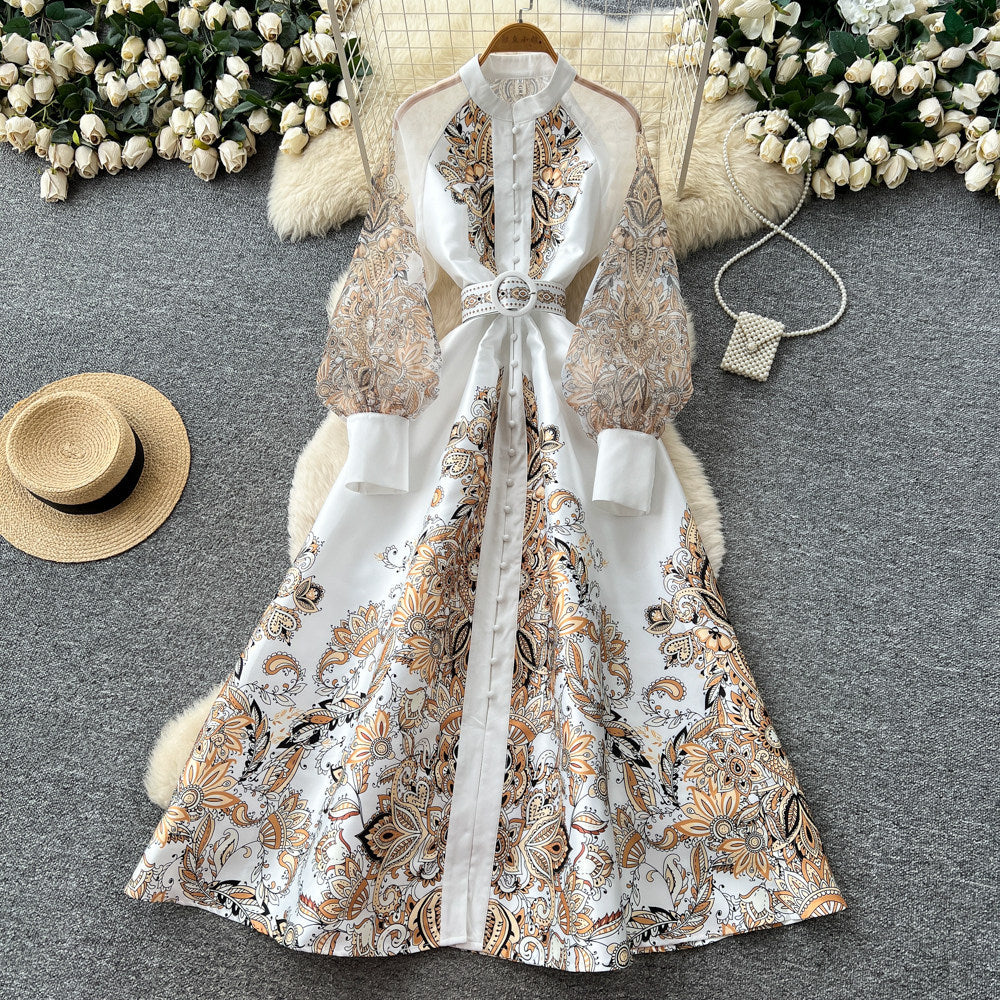 Vintage ethnic lantern sleeve printed dress - women's summer stand collar, slimming a-line maxi dress - elegant & chic