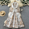 Vintage ethnic lantern sleeve printed dress - women's summer stand collar, slimming a-line maxi dress - elegant & chic