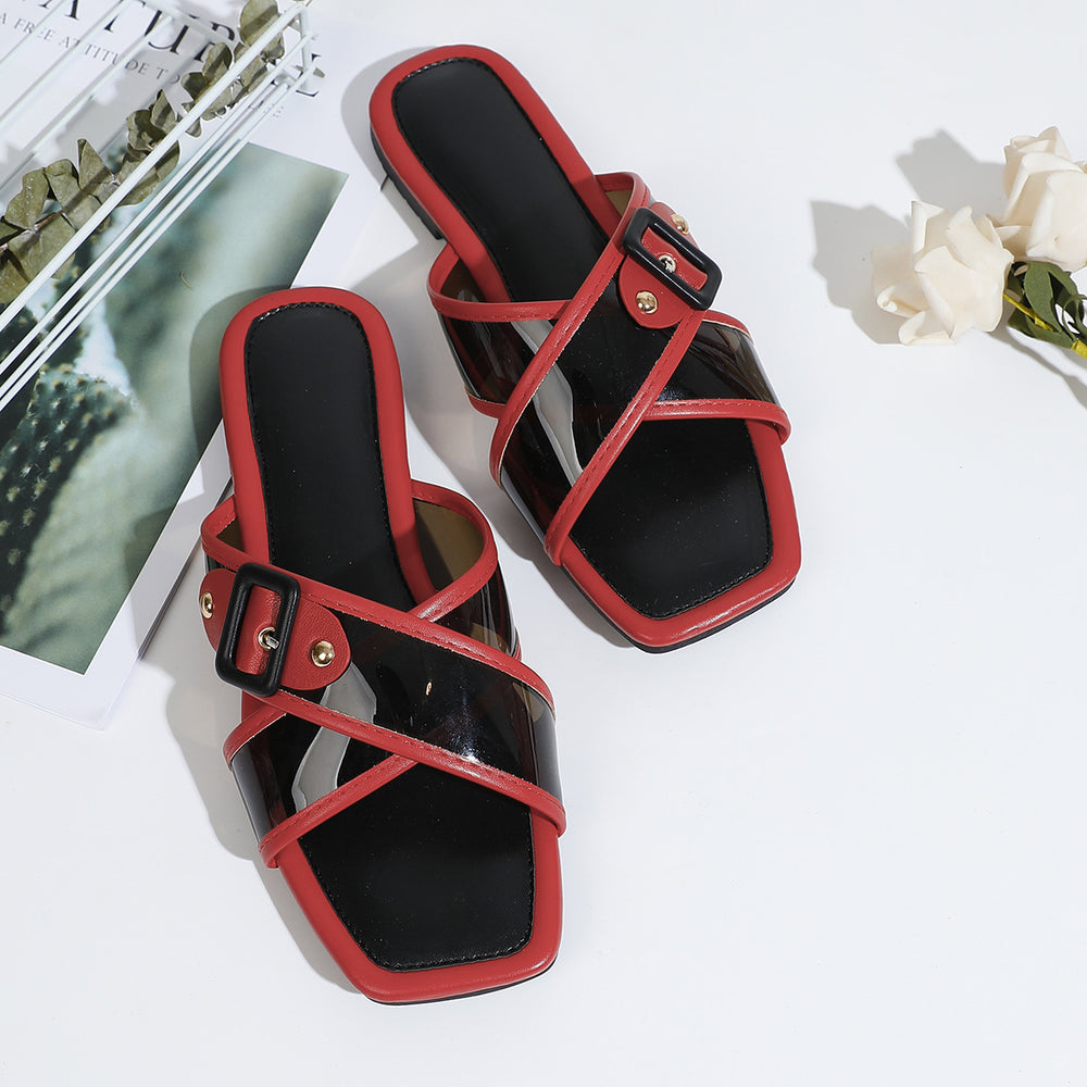 K-style women's shoes square toe cross strap belt buckle sandals glass glue soft leather retroflats slippers outwear flip-flops