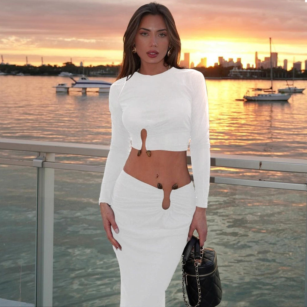 fall/winter european and american hot-selling women's fashion crop top long sleeve slim-fit skirt set wholesale