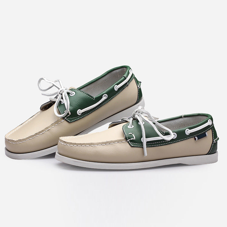 Men's leather casual shoes - handcrafted, low-cut, minimalist boat shoes in soft cowhide for business and driving, with front lace-up closure