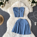 Sweet and edgy girl's summer outfit: cropped denim tube top and high-waisted a-line skirt set