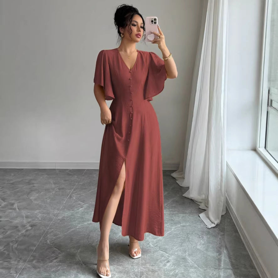 european and american new arrival: elegant slim-fit v-neck waist-defining french dress