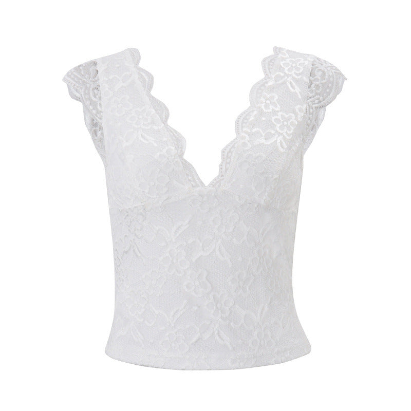 European and american cross-border women's fashion:  summer new arrivals - elegant v-neck sexy lace see-through cropped backless versatile top