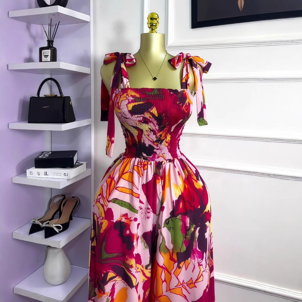 European and american cross-border women's summer  new sleeveless bow-tie bandeau waist-cinching long printed jumpsuit
