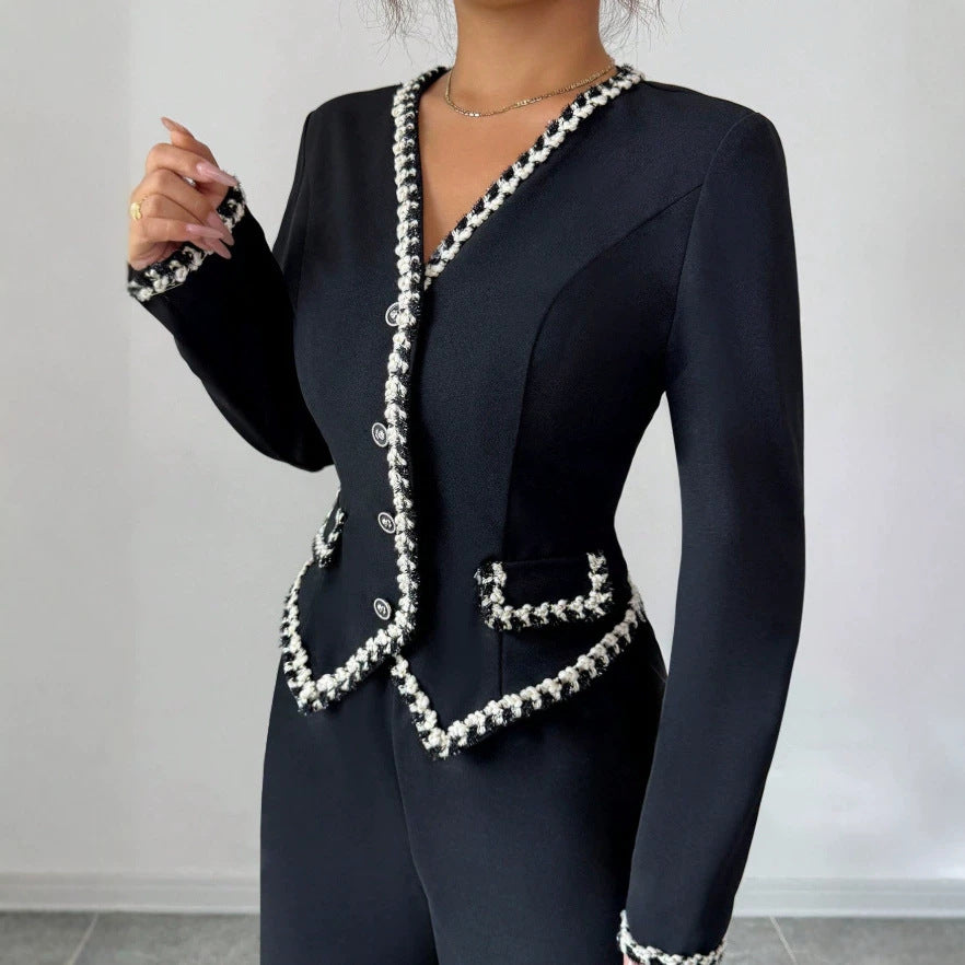 european and american new black chanel-style two-piece set: v-neck ribbon trimmed waist-cinching suit jumpsuit
