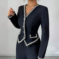 european and american new black chanel-style two-piece set: v-neck ribbon trimmed waist-cinching suit jumpsuit