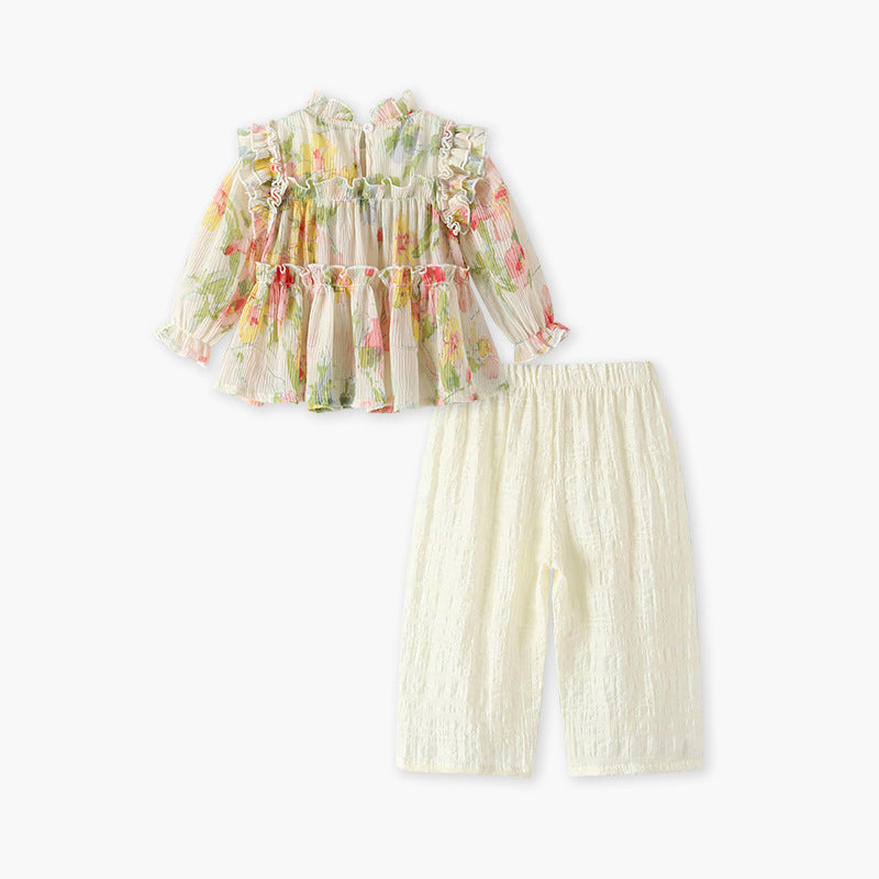 Girls' chiffon outfit set - autumn  collection: korean & japanese style floral print, long sleeve baby clothes wholesale
