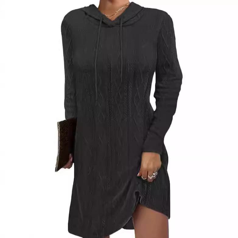 European and American   independent station 2024 solid color long-sleeved hooded pullover knitted dress women