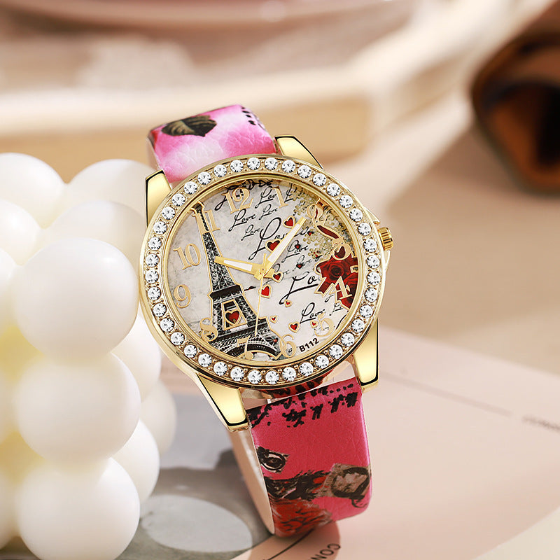 fashion snake print belt printing women's watch eiffel tower digital diamond-encrusted british watch student watch