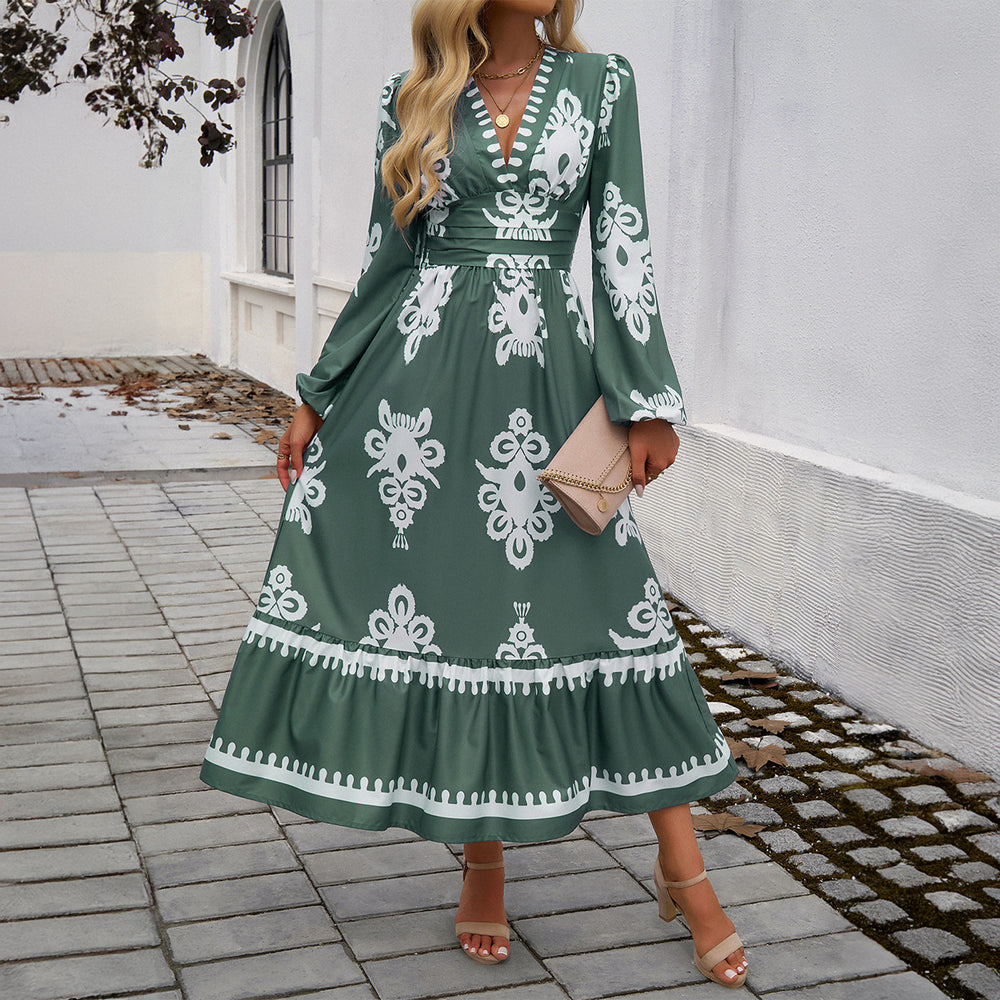 cross-border autumn/winter  fashion women's dress - elegant printed v-neck a-line dress for export to europe and the us