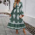 cross-border autumn/winter  fashion women's dress - elegant printed v-neck a-line dress for export to europe and the us