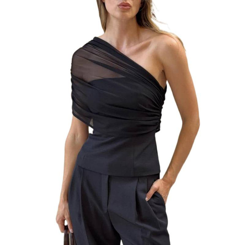 Amazon women's clothing  summer new sexy asymmetrical neck off-shoulder mesh panel solid color cinched waist see-through top