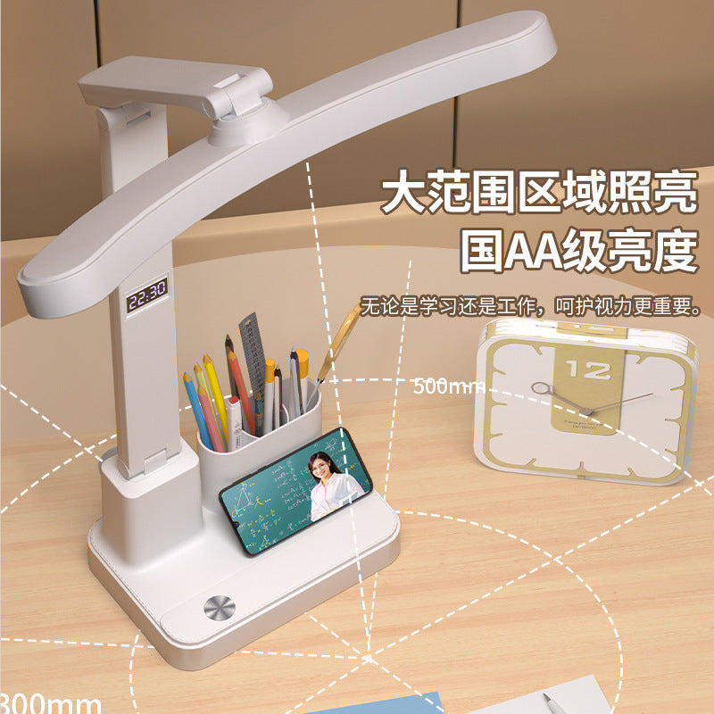 Full spectrum led curved desk lamp - student study, dormitory, foldable bedside reading light with charging clock - perfect for dorm rooms