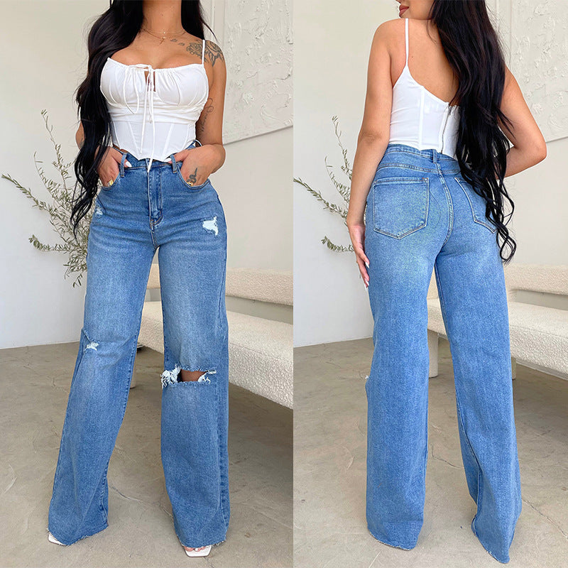 Factory direct  women's jeans: long, high-waisted, distressed, raw hem, hot-selling european and american style, comfortable wide-leg pants