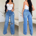 Factory direct  women's jeans: long, high-waisted, distressed, raw hem, hot-selling european and american style, comfortable wide-leg pants