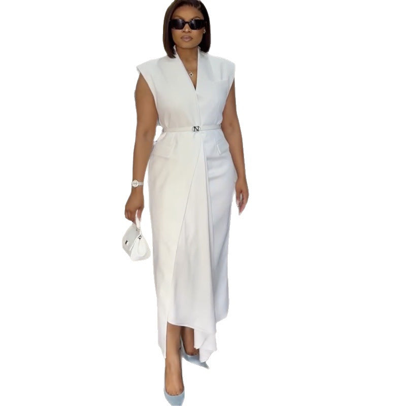 European and american cross-border women's fashion:  spring new arrivals - elegant, high-end, slim-fit, solid color tie-waist short sleeve dress