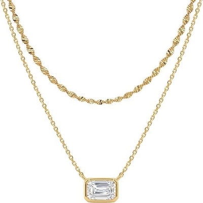 14k gold double-layer choker necklace with rectangular zircon pendant, square diamond layered necklace, sparkling diamond clavicle chain