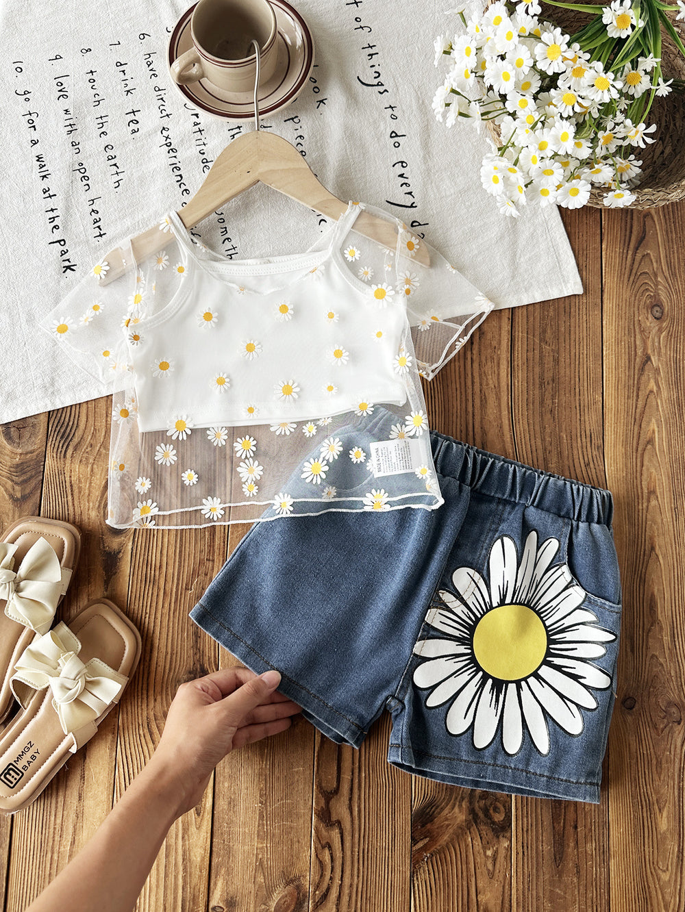 spring/summer european and american style girls' hollow-out cardigan, solid color camisole + sunflower print denim pants three-piece set