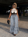 Fashionjeans women's elastic waist washed distressed rufflespatchworkloose pants export hot girl denim pants