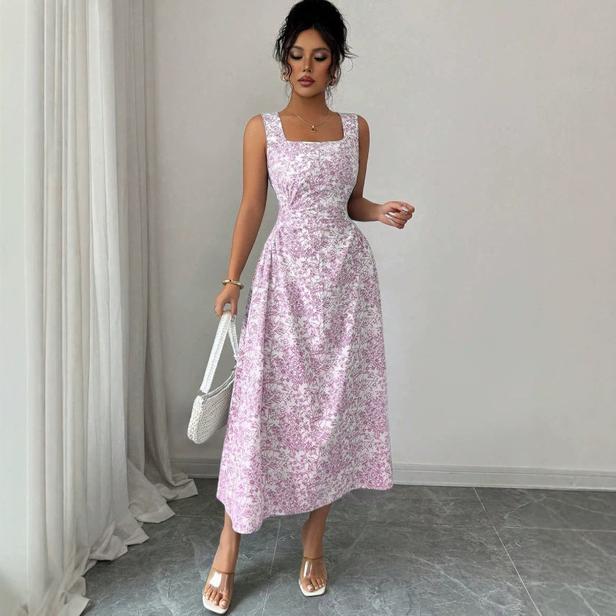 European and american cross-border  bohemian beach vacation floral print backless bow sleeveless mini dress