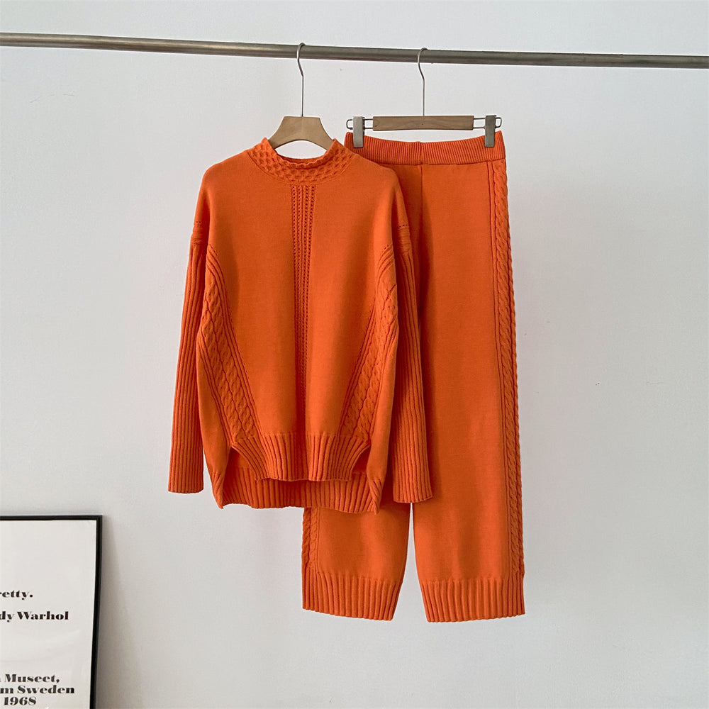 export  fall/winter new collection: turtleneck sweater set - relaxed fit long sleeve top + wide leg knit pants set