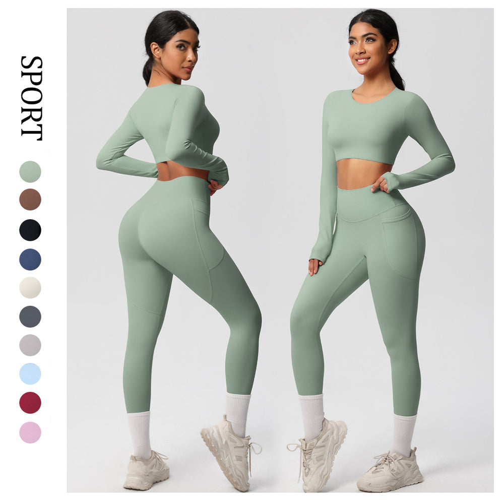 nude feeling tight high waistflap pocket pants crop toplong sleevestops yoga clothes quick-drying running sports fitness suit