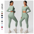 nude feeling tight high waistflap pocket pants crop toplong sleevestops yoga clothes quick-drying running sports fitness suit