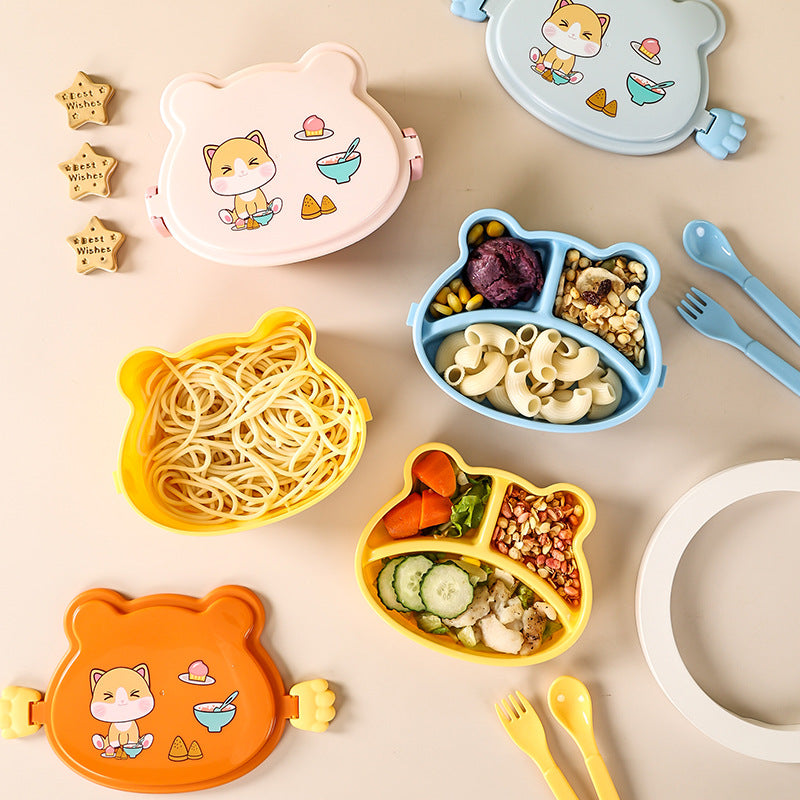 Baby outing food bowl kids portable lunch box plastic bowl spoon meal box set drop-proof with lid lunch box microwaveable
