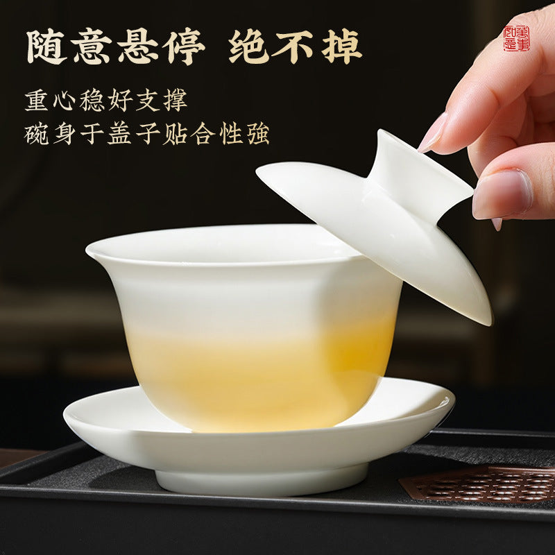 Ice jade porcelain covered bowl can hover kung fu tea set suit sancai covered bowl mutton fat jade tea cup tea bowl tea cup