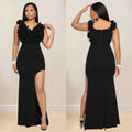C7013 cross-border   independent station fashionable women's v neck sleeveless long slit dress