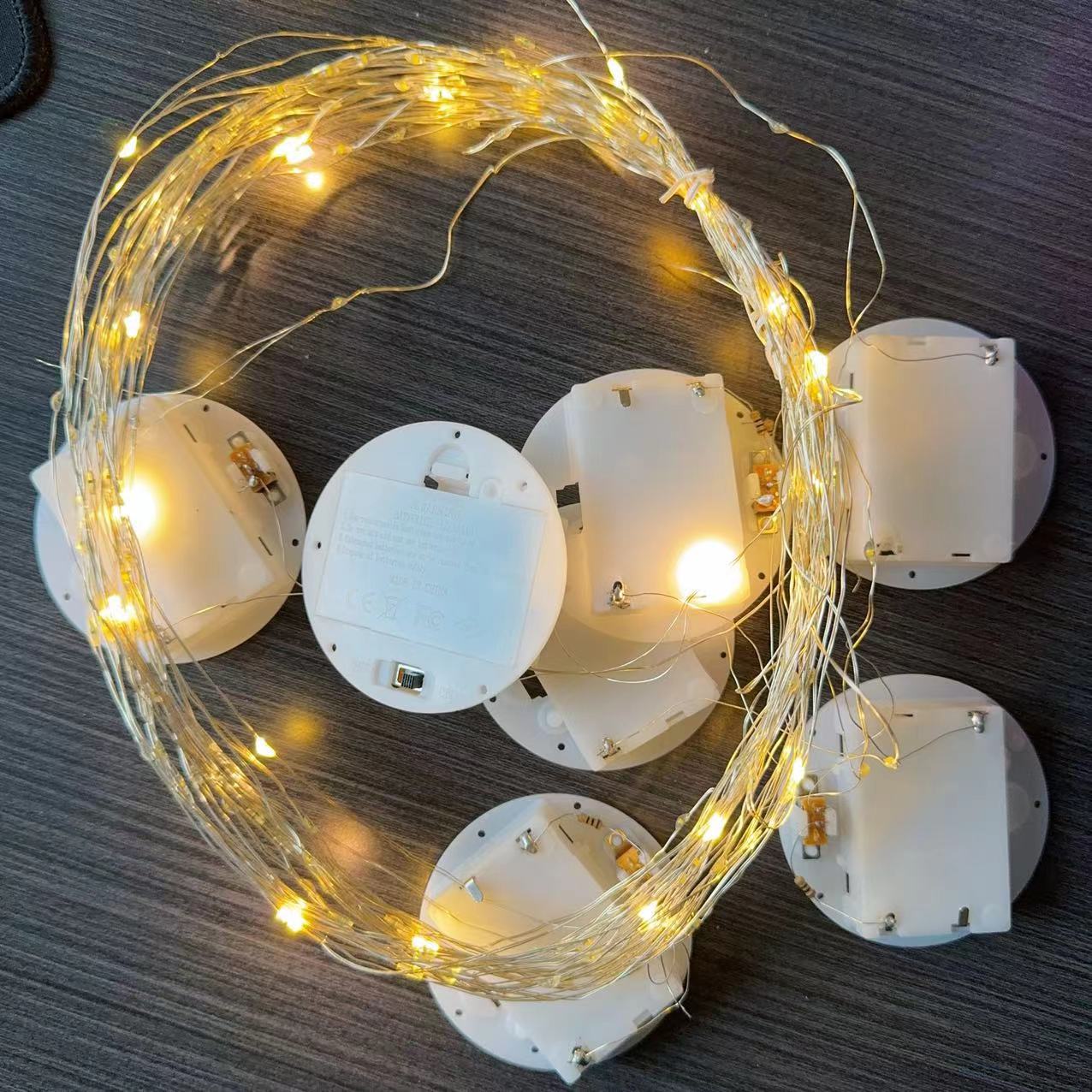 LED round battery box, disc copper wire light string, round wood base process, eternal flower glass gift decorative light string