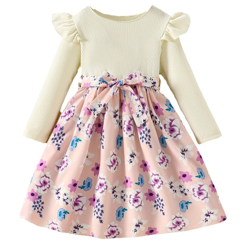 Girls' fall knit dress: floral patchwork, round neck, flutter sleeves, and belted design - cute kids' dress for export