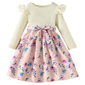 Girls' fall knit dress: floral patchwork, round neck, flutter sleeves, and belted design - cute kids' dress for export