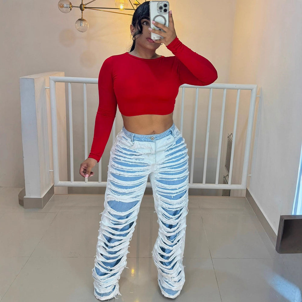 European and american style straight-legjeans  cross-border export women's clothing fashion double-layer washed and worn casualpants