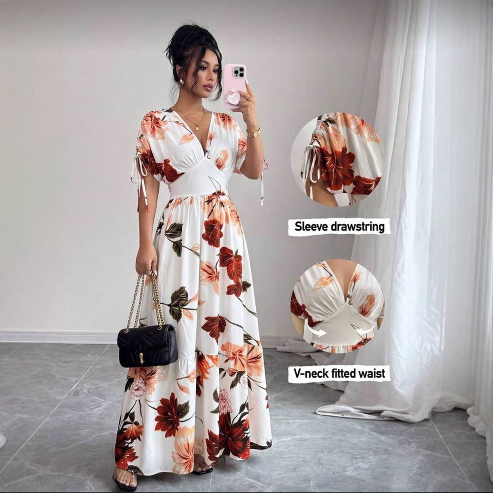European and american cross-border  women's v-neck drawstring midi dress - summer print beach vacation travel maxi skirt